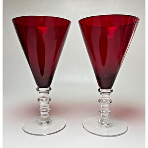 2 William Yeoward Scarlett Red Crystal Wine Water Goblets Knobbed Stem England